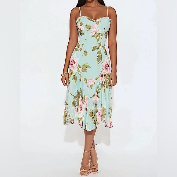 👗 🌸NWT Pleated Floral Midi Dress - Mint Green Sz L🌸👗 - Picture 2 of 6
